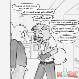 against_surface anthro belt blush blush_lines bone bottomwear bulge bully bullying clothed clothing door duo erection erection_under_clothing exclamation_point fur gesture gloves hair hand_gesture hand_on_wall handwear inside laugh looking_at_another male pants pointing pointing_at_another proboscis_(anatomy) question_mark school shirt side_view skull skull_symbol small_bulge speech_bubble standing sweater t-shirt tail teeth text tongue topwear trunk_(anatomy) vest young young_anthro young_male young_on_young reyn_goldfur nintendo pokemon clyde_(mightymightyena) fan_character tyler_(reyn_goldfur) drowzee generation_1_pokemon generation_7_pokemon pokemon_(species) rockruff 1:1 2025 artist_name digital_media_(artwork) english_text hi_res monochrome story story_in_description
