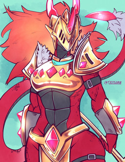 anthro armor clothed clothing female hair halberd headgear helmet long_hair melee_weapon polearm red_body red_hair skimpy solo unconvincing_armor weapon tidywire bandai_namco digimon digimon_alysion mythology digimon_(species) dragon mythological_creature mythological_scalie rubeusdramon scalie absurd_res hi_res