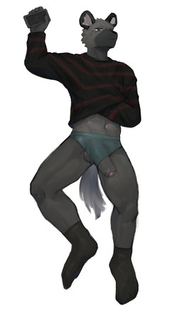 anthro balls bottomwear brown_body brown_fur clothing electronics footwear foreskin fur genitals holding_object holding_phone lying male navel on_back penis phone shirt simple_background socks solo tail topwear underwear white_background qiushan_jiaoyan aggretsuko sanrio haida_(aggretsuko) hyena mammal 2026 absurd_res hi_res
