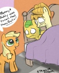 bed bedding blanket blonde_hair caught_in_the_act female feral freckles fur furniture green_eyes green_hair group hair male male/female orange_body orange_fur orange_hair quadruped text walk-in yellow_body yellow_fur strangerdanger friendship_is_magic hasbro my_little_pony applejack_(mlp) aunt_orange_(mlp) uncle_orange_(mlp) earth_pony equid equine horse mammal pony 2013 english_text japanese_text signature