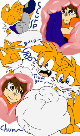 abdominal_bulge anthro barefoot burping clothed clothing duo face_imprint feet human_prey imprint internal male male/male male_pred male_prey onomatopoeia soft_vore sound_effects swallowing text vore willing_prey 11112111112 sega sonic_the_hedgehog_(series) jay_(tmanfox7) miles_prower canid canine fox human mammal 2014 absurd_res colored english_text hi_res