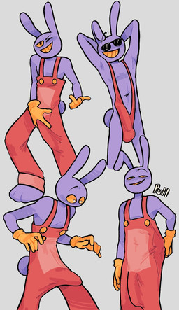 3_toes 5_fingers anthro bulge clothed clothed_anthro clothed_male clothing detailed_bulge erection erection_under_clothing eyewear feet fingers genital_outline gesture gloves hand_gesture hand_on_crotch hand_on_own_crotch handwear male middle_finger monotone_background monotone_body navel noseless one-piece_swimsuit overalls penis_outline purple_body red_clothing red_one-piece_swimsuit red_overalls red_sling_bikini red_swimwear short_tail simple_background sling_bikini smile solo sound_effects standing sunglasses swimwear tail teeth tenting text toes wearing_sunglasses yellow_clothing yellow_eyes yellow_gloves yellow_handwear yellow_teeth lemy00n_aid glitch_productions the_amazing_digital_circus jax_(tadc) lagomorph leporid mammal rabbit 2026 colored digital_drawing_(artwork) digital_media_(artwork) english_text hi_res