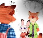 2016 anthro blush buckteeth canid canine claws clothed clothing disney female fox gideon_grey green_eyes group hand_behind_back judy_hopps lagomorph leporid long_ears mammal nick_wilde pawpads purple_eyes rabbit red_fox simple_background size_difference smile teeth true_fox unichrome-uni zootopia