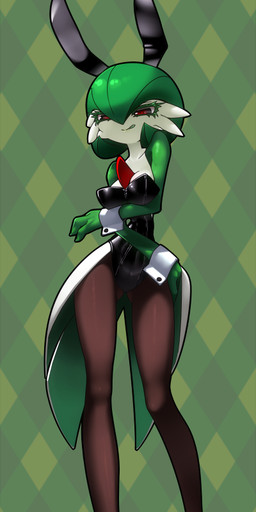 biped black_clothing black_sclera breasts bunny_costume butt butt_from_the_front clothed clothing costume female fingers footwear front_view fully_clothed green_background green_body high_heels legwear leotard long_legs looking_at_viewer makeup medium_breasts multicolored_body not_furry pantyhose pattern_background plantigrade red_eyes shoes simple_background solo standing stockings strapless_clothing strapless_leotard tongue two_tone_body white_body wawo nintendo pokemon gardevoir generation_3_pokemon pokemon_(species) 2019 full-length_portrait portrait shaded