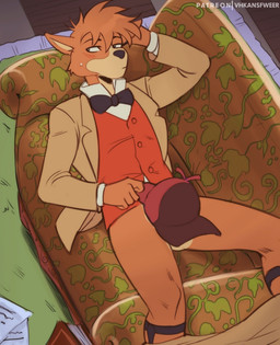 anthro blush bodily_fluids bottomless bottomwear bottomwear_down bow_tie clothed clothing collared_shirt convenient_censorship dress_shirt eyebrows footwear frown fur furniture garter_belt garter_belt_socks garter_straps hair hat headgear headwear holding_clothing holding_hat holding_headgear holding_headwear holding_object inside jacket looking_away lying male on_back on_sofa open_clothing open_jacket open_topwear pants pants_down partially_clothed shirt socks sofa solo sweat sweatdrop topwear tuft vest vhkansfweer sherlock_hound_(series) sherlock_hound canid canine canis domestic_dog mammal 2022