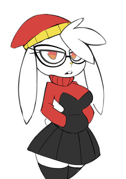 absolute_territory anthro black_bottomwear black_clothing black_eyewear black_glasses black_legwear black_skirt black_thigh_highs bottomwear breasts clothed clothing eyewear female fully_clothed fur glasses hand_in_pocket headgear headwear legwear looking_at_viewer pockets red_clothing red_headwear red_topwear simple_background skirt solo teeth thigh_highs topwear white_background white_body white_ears white_fur yellow_nose nelljoestar nintendo pokemon generation_8_pokemon lagomorph mammal pokemon_(species) raboot 2025 hi_res