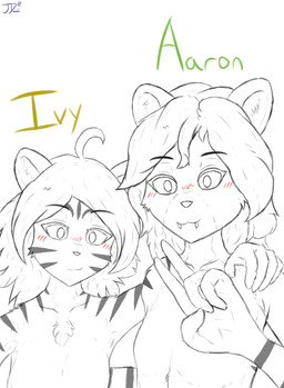 ambiguous_gender anthro arm_over_shoulder blush collarbone duo ears_up fangs female flat_chested gesture hand_gesture selfie simple_background snaggle_tooth stripes teeth v_sign white_background jordanos21 aaron_(justacat) ivy_(twokinds) felid mammal pantherine tiger hi_res monochrome portrait nonbinary_(lore)