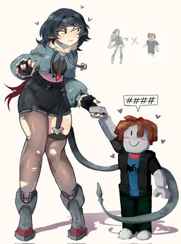 anthro black_hair boots clothing duo eyebrows eyelashes female fingerless_gloves footwear gloves hair hand_holding handwear heart_symbol larger_female legwear male shoes size_difference torn_clothing torn_legwear mugizart mihoyo roblox zenless_zone_zero jane_doe_(zenless_zone_zero) animal_humanoid human humanoid mammal mammal_humanoid murid murid_humanoid murine murine_humanoid rat_humanoid robloxian rodent rodent_humanoid thiren 2025 hi_res