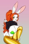 anthro big_breasts breast_squish breasts eyebrows eyelashes female fur green_eyes hair hand_on_ankle hand_on_leg inner_ear_fluff looking_at_viewer open_mouth orange_hair ponytail solo squish thong_straps tuft white_body white_fur scorpdk lagomorph leporid mammal rabbit 2024 absurd_res hi_res