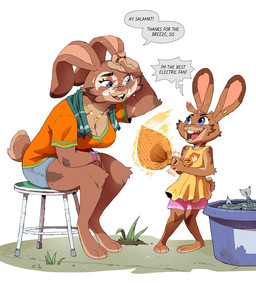 3_toes accessory anthro barefoot big_breasts blue_eyes bottomwear breasts bucket buckteeth cheek_tuft cleavage clock clothed clothing container denim denim_bottomwear denim_clothing denim_shorts dress duo ear_accessory eyelashes facial_tuft feet female floppy_ears fluffy fluffy_tail freckled_breasts freckled_chest freckled_face freckles furniture hair_accessory hair_tie hand_fan hand_on_forehead head_tuft jewelry long_ears long_eyelashes looking_at_another motion_blur motion_lines necklace open_mouth open_smile piercing shirt short_dress short_tail shorts simple_background sitting smile stool tail teeth toes topwear towel towel_around_neck tuft watch wearing_glass wristwatch young ruffu paddy_(ruffu) unnamed_character fish lagomorph leporid mammal marine rabbit digital_drawing_(artwork) digital_media_(artwork)