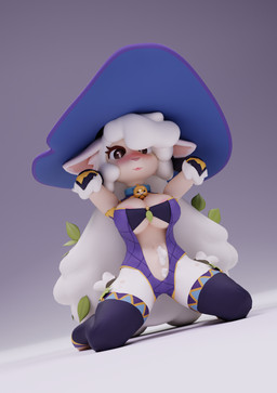 accessory anthro big_hair black_outline blush breasts clothed clothing collar female flower flower_in_hair fur hair hair_accessory outline plant solo white_body white_fur unknown_artist apricot_(konghuayingluo) bovid caprine mammal sheep hi_res
