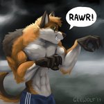 abs anthro athletic black_body black_fur blue_bottomwear blue_clothing blue_pants bottomwear claws clothing eyewear fur goggles green_eyes looking_aside looking_at_viewer male muscular muscular_anthro muscular_male orange_body orange_fur pants raised_tail rawr simple_background smile solo speech_bubble tail teeth white_body white_fur geewolf alrick_(lohboh) canid canine canis mammal wolf 1:1