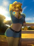 anthro big_breasts breasts female hair looking_at_viewer ponytail smile smiling_at_viewer solo band1tnsfw dixie_mae_carlisle_(character) bobcat felid feline felis lynx mammal 3:4 absurd_res digital_drawing_(artwork) digital_media_(artwork) hi_res portrait three-quarter_portrait