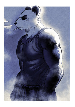 abs anthro biceps big_muscles black_body black_fur black_nose bottomwear cigarette clothing facial_scar fur hand_in_pocket male multicolored_body multicolored_fur muscular muscular_anthro muscular_male pecs pockets scar smoke smoking solo topwear triceps two_tone_body two_tone_fur white_body white_fur mitsuyaaaa beastars gouhin_(beastars) bear giant_panda mammal 2020 hi_res