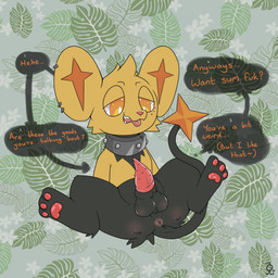 anus balls black_body black_fur butt collar collar_only dialogue ear_piercing erection feet feral front_view fur genitals hindpaw legs_up male multicolored_body multicolored_fur nude open_mouth pattern_background pawpads paws penile_spines penis piercing presenting presenting_hindquarters quadruped reclining simple_background solo speech_bubble studded_collar studs talking_to_viewer tapering_penis text tongue tongue_out two_tone_body two_tone_fur y_anus yellow_body yellow_eyes yellow_fur aztepyeen nintendo pokemon dallas_(aztepyeen) fan_character generation_4_pokemon pokemon_(species) shinx shiny_pokemon 1:1 2022 absurd_res english_text hi_res