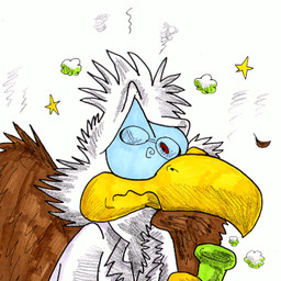 anthro beak flask male science simple_background solo spiral spiral_eyes wavy_mouth unknown_artist avian 1:1 low_res source_request traditional_media_(artwork)