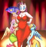 2015 2016 anthro anthrofied bare_shoulders blue_eyeshadow breasts choker cleavage clothed clothing cutie_mark digital_media_(artwork) dress ear_piercing equid equine eyeshadow feathered_wings feathers female fluttershy_(mlp) friendship_is_magic glacierclear green_eyeshadow group hair hair_over_eye half-closed_eyes hand_fan hand_on_hip hands_on_hips hasbro hi_res holding_object horn huebris inner_ear_fluff inside jewelry kneeling long_hair looking_at_viewer makeup mammal markings mole_(marking) my_little_pony mythological_creature mythological_equine mythology narrowed_eyes necklace one_eye_obstructed pegasus piercing pink_eyeshadow rainbow_dash_(mlp) rarity_(mlp) seductive short_hair simple_background slightly_chubby standing tuft unicorn wide_hips wings