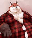 anthro artfulreggie belly button_(fastener) canid canine chubby_cheeks clothed clothing double_chin fox fur give_(gesture) grin hi_res iavan male mammal moobs obese obese_anthro obese_male orange_body orange_fur overweight overweight_anthro overweight_male pattern_clothing pattern_shirt pattern_topwear plaid plaid_clothing plaid_shirt plaid_topwear shirt smile solo straining_buttons teeth topwear white_body white_fur