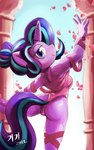2019 5_fingers anthro biped blue_eyes breasts butt cherry_blossom clothed clothing dated digital_media_(artwork) equid equine female fingers friendship_is_magic hasbro hi_res horn leotard looking_at_viewer looking_back looking_back_at_viewer lunesnowtail mammal my_little_pony mythological_creature mythological_equine mythology on_one_leg plant rear_view ribbons shaded solo standing starlight_glimmer_(mlp) unicorn