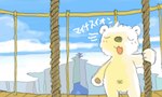 anthro black_nose bridge chibi eyes_closed fur kemono navel outside rope rope_bridge snow solo text white_body white_fur utsuki_maito bear mammal polar_bear ursine 5:3 japanese_text low_res