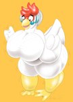 anthro ashwolves5 big_breasts blue_markings breasts cucco featureless_breasts feet female hi_res huge_breasts hyper hyper_breasts latex markings membrane_(anatomy) overweight overweight_female simple_background solo standing toes transformation webbed_feet white_body wide_eyed yellow_background