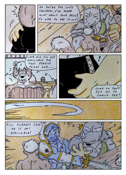 anthro armor barazoku barrel beer_mug belly beverage biceps blue_eyes bodily_fluids bulge clothed clothing comic_panel container cup dialogue facial_hair fur furniture gloves goatee grey_body hair handwear holding_object holding_weapon horn male manly medieval medieval_clothing medieval_fantasy melee_weapon multicolored_body multicolored_fur musclegut muscular muscular_anthro muscular_male overweight overweight_male pecs scar serving_tray shoulder_pads smelly speech_bubble squirrel_tail sweat sweatdrop sword table tavern tavern_background text touching_bulge touching_butt tray weapon white_clothing dashthefox blizzard_entertainment warcraft dominios fill_(furryratchet) bovid bovine mammal rhinoceros rodent sciurid tauren tree_squirrel absurd_res colored_pencil_(artwork) comic english_text hi_res traditional_media_(artwork)
