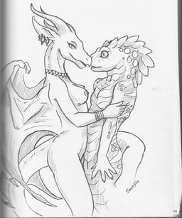animal_genitalia anthro apode areola bracelet breasts dragon_tail duo ear_piercing ear_ring female genital_slit genitals horn jewelry legless male male/female markings membrane_(anatomy) membranous_wings necklace necklace_only nipples non-mammal_breasts non-mammal_nipples nose_to_nose nude nude_anthro nude_female nude_male open_mouth piercing ring_piercing scales serpentine simple_background smile snake_hood tail wings caribou_(artist) mythology aleshia_(bahumot) ophius_(bahumot) cobra draconcopode dragon mythological_creature mythological_scalie naga reptile scalie snake hi_res monochrome traditional_media_(artwork)