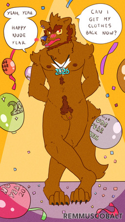 anthro balls body_hair caught chest_hair embarrassed exhibitionism exposed foreskin genitals happy_trail humiliation male nipples nude party penis piercing pubes solo text remmus_cobalt new_year_2026 remmus_cobalt_(character) canid canine canis domestic_dog hybrid mammal wolf wolfdog 4k 9:16 absurd_res english_text hi_res