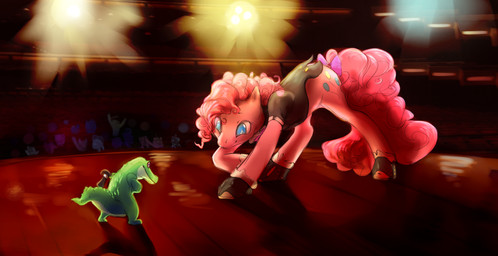 ambiguous_gender audience blue_eyes bowing clothing crowd cutie_mark detailed_background duo_focus female feral footwear fur green_body green_scales group hair hat headgear headwear lights pink_body pink_fur pink_hair purple_eyes quadruped scales shirt shoes stage tail topwear explosivegent noel_(artist) friendship_is_magic hasbro my_little_pony gummy_(mlp) pinkie_pie_(mlp) alligator alligatorid crocodilian earth_pony equid equine horse mammal pony reptile scalie 2011
