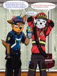 anthro bag clothing duo eyes_closed firefighter_uniform floor gloves handwear hat headgear headwear holding_object male police police_uniform speech_bubble text uniform ecokez2 nickelodeon paw_patrol chase_(paw_patrol) marshall_(paw_patrol) canid canine canis dalmatian domestic_dog german_shepherd herding_dog mammal pastoral_dog comic english_text hi_res