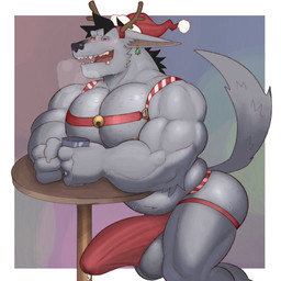 anthro antlers balls bell bell_harness beverage big_balls big_muscles big_pecs big_penis black_hair blush bodily_fluids body_hair christmas_clothing christmas_headwear clothing container cup dripping drooling ears_down foreskin fur genital_fluids genitals grey_body grey_fur hair harness hat headgear headwear holidays horn huge_pecs jingle_bell jingle_bell_harness jockstrap male musclegut muscular muscular_anthro muscular_male musk open_mouth pecs penis pivoted_ears precum precum_drip raised_tail reindeer_antlers saliva santa_hat short_hair simple_background solo sweat tail teeth tongue underwear vein veiny_penis fleshformomo christmas momo_(fleshformomo) hyena mammal 1:1 hi_res