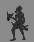 blood bodily_fluids clothed clothing grey_background looking_at_viewer male simple_background solo standing yellow_eyes killdark kobold scalie 2018 absurd_res digital_media_(artwork) hi_res