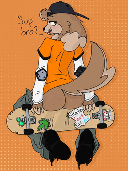 anthro backwards_baseball_cap backwards_hat baseball_cap big_butt black_baseball_cap black_clothing black_footwear black_nose black_shoes bottomwear butt clothing dialogue elbow_pads eyelashes female footwear grey_bottomwear grey_clothing grey_pants hat head_tuft headgear headwear looking_at_viewer looking_back looking_back_at_viewer mooning open_mouth orange_background orange_clothing orange_eyes orange_topwear pants simple_background skateboard solo talking_to_viewer text topwear tuft vehicle white_sleeves wide_hips minty_lewdness canid canine canis domestic_dog mammal 3:4 hi_res