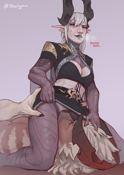 anthro bangs bottomwear breasts butt butt_grab clothed clothed_sex clothing clothing_lift cunnilingus duo ear_piercing ear_ring fancy_clothing female female_on_top good_boy grey_hair hair hand_on_butt horn humanoid_on_anthro interspecies low-angle_view male male/female mature_female muscular on_top oral piercing ring_piercing sex simple_background skirt skirt_lift snout vaginal starlyve vulfeo whilga canid demon humanoid mammal absurd_res hi_res