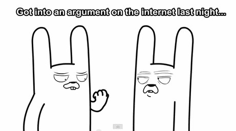ambiguous_gender blood bodily_fluids brain dialogue duo gesture hand_gesture humor middle_finger organs smug text violence ragenineteen lagomorph leporid mammal rabbit animated english_text monochrome