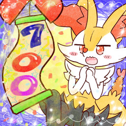ambiguous_anthro ambiguous_gender anthro biped blush blush_stickers confetti cute_fangs digitigrade dutch_angle fangs food front_view hands_together number object_in_tail open_mouth open_smile shrimp_(food) sitting smile snout solo tail teeth annyui0611 nintendo pokemon braixen canid generation_6_pokemon mammal pokemon_(species) 1:1 2023 digital_drawing_(artwork) digital_media_(artwork) full-length_portrait hi_res milestone_celebration portrait source_request