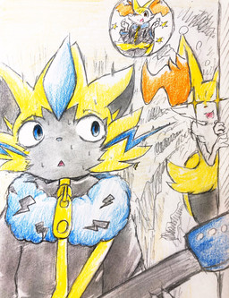 ambiguous_anthro ambiguous_gender anthro biped bodily_fluids clothed clothed_ambiguous clothed_anthro clothing duo front_view frown jacket open_:3 open_frown open_mouth open_smile simple_background smile sparkles sparkling_eyes standing surprised sweat thought_bubble topwear eiroru nintendo pokemon braixen canid felid generation_6_pokemon generation_7_pokemon legendary_pokemon mammal pokemon_(species) zeraora 2019 colored_pencil_(artwork) graphite_(artwork) hi_res japanese_description traditional_media_(artwork) translated_description