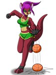 anthro ball basketball_(ball) black_nose black_sclera bottomwear breasts cleavage clothed clothing dolphin_shorts female fingerless_gloves gloves green_eyes hair handwear midriff navel pouch_(anatomy) purple_hair shirt shorts simple_background solo tail tank_top topwear white_background thelordoflemonz strays_of_siravia jessica_denshire kangaroo macropod mammal marsupial 2020 3:4 hi_res