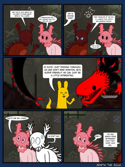 5_panel_comic ambiguous_gender back_spines big_eyes big_tail black_body black_eyes brown_body brown_fur dialogue feral fluffy_fur forked_tongue fur graffiti graffiti_on_wall hissing horn intimidation male neck_tuft onomatopoeia pink_body pink_fur profanity red_body red_scales scales scared sharp_teeth size_difference sound_effects speech_bubble spiky_fur spines tail tail_spines teeth text tongue tuft yellow_body zenith_the_scug rain_world videocult monk_(rain_world) lizard_(rain_world) red_lizard_(rain_world) scavenger_(rain_world) slugcat 2026 3:4 absurd_res alpha_channel comic english_text hi_res signature