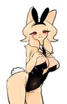 anthro big_breasts black_clothing black_leotard black_necktie blush blush_lines breasts bunny_costume clothing costume cotton_tail eyelashes fake_ears fake_rabbit_ears fake_tail female fur hand_on_chest leotard looking_at_viewer navel_outline necktie necktie_between_breasts red_eyes simple_background smile solo tan_body tan_fur thick_thighs white_background wide_hips hurai_(artist) nine_sols red_candle_games heng_(nine_sols) felid feline mammal solarian low_res