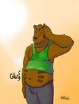 anthro belly belt_buckle big_belly bottomwear buckle clothing hand_on_head male navel one_eye_closed pants rumbling_stomach shirt shirtless simple_background solo tank_top topwear wildside wild_(wildside) bear mammal 2011 hi_res signature