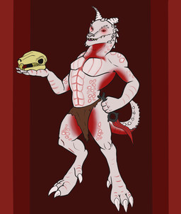 anthro bone bottomwear brown_clothing claws clothing cracked_horn horn knife loincloth looking_at_viewer male multicolored_body muscular red_body red_eyes scales simple_background skull smile solo tail white_body white_scales spazlovesdew baldur's_gate baldur's_gate_3 dungeons_and_dragons hasbro larian_studios wizards_of_the_coast the_dark_urge_(baldur's_gate) kobold mammal murid murine rat rodent scalie digital_media_(artwork)