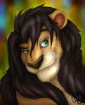 black_mane blurred_background feral green_eyes hair looking_at_viewer looking_pleasured male mane pose simple_background smile solo khalia_art kodiak_(kodiak079) felid lion mammal pantherine hi_res portrait