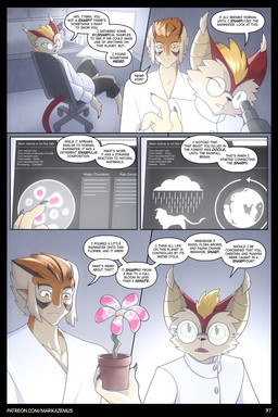 anthro black_border border clothed clothing dialogue duo flower laboratory male plant text marik_azemus34 thundercats thundercats_2011 snarf tygra animal_humanoid cat_humanoid felid felid_humanoid feline feline_humanoid humanoid mammal mammal_humanoid comic english_text hi_res url