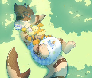 ambiguous_gender anthro clean_diaper clothed clothing diaper grass object_in_mouth pacifier pacifier_in_mouth plant plushie sleeping solo wearing_diaper young young_anthro poofy-shark disney winnie_the_pooh_(franchise) eeyore tigger aquatic fish shark