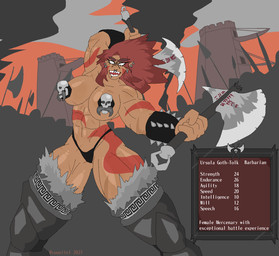 abs axe barbarian big_breasts black_clothing black_eyes black_thong black_underwear breasts brown_hair clothing dark_body dark_skin dual_wielding ear_piercing eyelashes facial_piercing female front_view hair holding_axe holding_object holding_weapon humanoid_pointy_ears navel nose_piercing nose_ring open_mouth pasties piercing pointy_ears ring_piercing sharp_teeth solo teeth text thick_thighs thong underwear weapon wide_hips yuupitel humanoid english_text hi_res