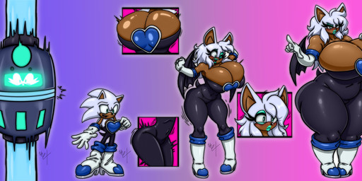 alternate_color anthro armwear barely_contained barely_contained_breasts big_breasts big_butt black_bodysuit black_clothing black_skinsuit blue_eyeshadow blue_lipstick body_expansion bodysuit boots bra breast_expansion breasts brown_body bulging_breasts butt clothing curvy_figure elbow_gloves expansion eyeshadow female female_anthro female_focus footwear gender_transformation glistening glistening_bra glistening_clothing glistening_underwear gloves gradient_background green_makeup growth growth_sequence hair handwear huge_breasts huge_butt huge_hips huge_thighs hyper hyper_breasts lips lipstick makeup male male_anthro male_to_female mtf_transformation navel pink_background purple_background rapid_expansion shoes simple_background skinsuit solo spandex standing thick_lips thick_thighs tight_clothing transformation underwear voluptuous voluptuous_anthro voluptuous_female white_clothing white_gloves white_hair white_handwear wide_hips unrealexpectation sega sonic_the_hedgehog_(series) blush_the_bat rouge_the_bat sonic_the_hedgehog bat eulipotyphlan hedgehog mammal absurd_res hi_res