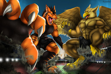 3_toes 4_toes 5_fingers abs anthro balls balls_outline beak biceps biped boxer_briefs brown_body building building_destruction bulge claws clothed clothing destruction detailed_background detailed_bulge duo erection erection_under_clothing extreme_size_difference feathered_wings feathers feet finger_claws fingerless_gloves fingers genital_outline genitals gloves handwear house humanoid_genitalia looking_at_viewer macro macro_anthro macro_male male muscular muscular_anthro muscular_male open_mouth outside paws pecs penile penis penis_outline rampage size_difference sky smile stadium stomping toe_claws toes topless underwear wings kurtcbrox mythology carpo kurtcbrox_(character) avian dragon gryphon mythological_avian mythological_creature mythological_scalie scalie hi_res