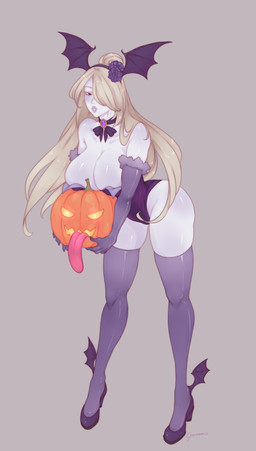 big_breasts blonde_hair breasts cleavage clothed clothing female hair holidays jack-o'-lantern leotard long_hair monster_girl_(genre) red_eyes solo gyarusatan halloween monster_girl_encyclopedia wight_(mge) humanoid undead full-length_portrait hi_res portrait