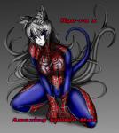 anthro big_breasts breasts clothing female grey_hair hair kneeling long_hair looking_at_viewer purple_eyes skinsuit solo text tight_clothing sakuyako_kyora marvel spider-man_(series) spider-man_(character) domestic_cat felid feline felis mammal 2014 english_text